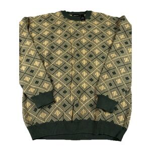 Vtg 90s CLAIBORNE Green Tan Argyle Diamond Crew Sweater Grunge Gpa Academia Sz M